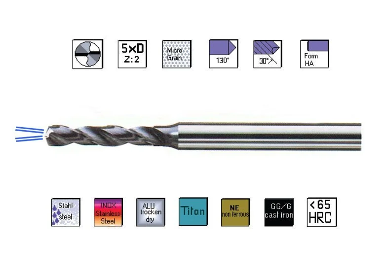 SK Mikrobohrer 1,6 x 46 mm 10xD TiAlN 130°, Innenkühlung, MICRON