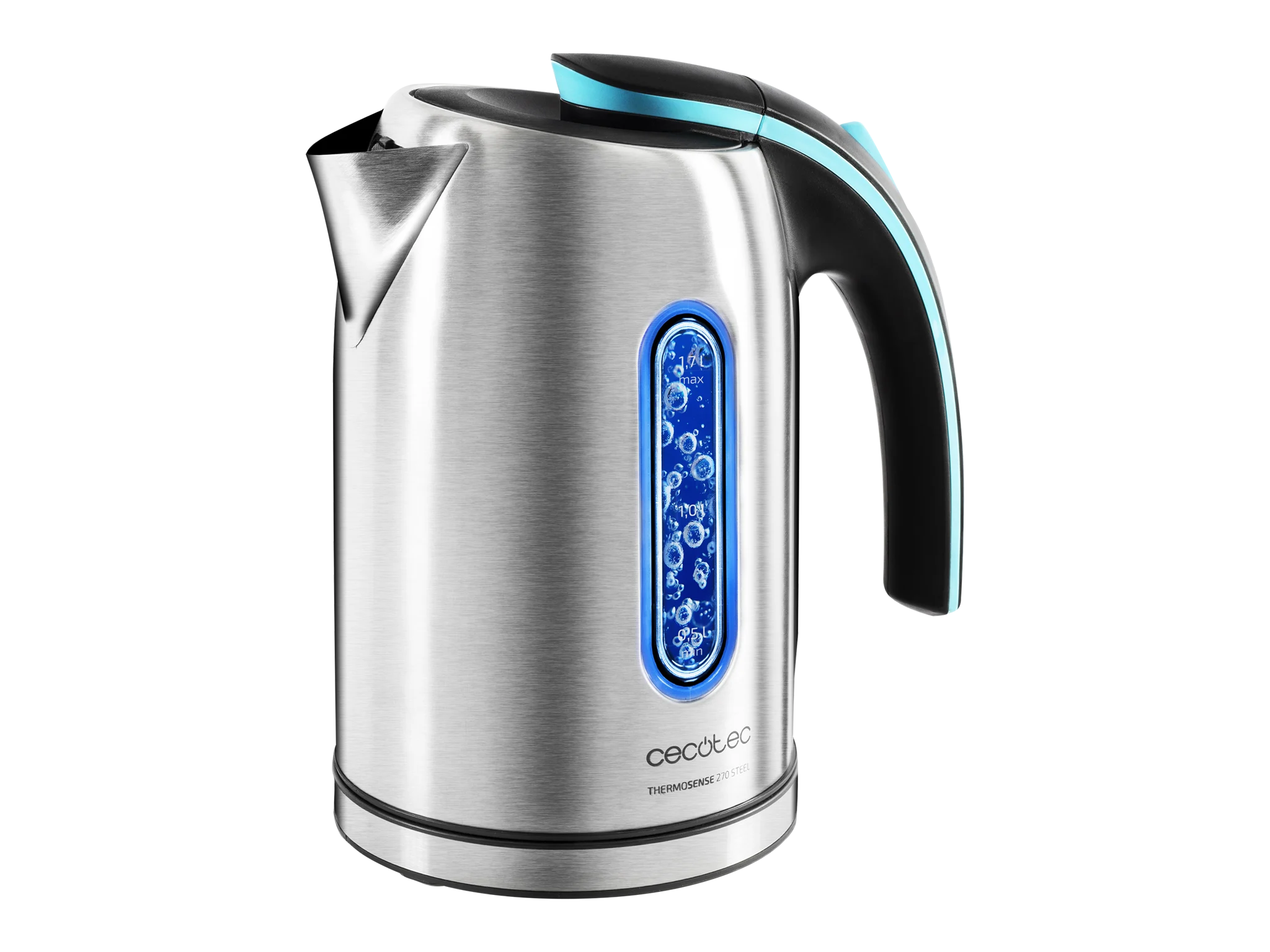 ThermoSense 270 Steel Elektrischer Wasserkocher 1,7 Liter, BPA-frei, 2200 W Leistung, 360º Basis, herausnehmbarer Anti-Kalk-Filter, doppeltes Sicherheitssystem, Edelstahl.