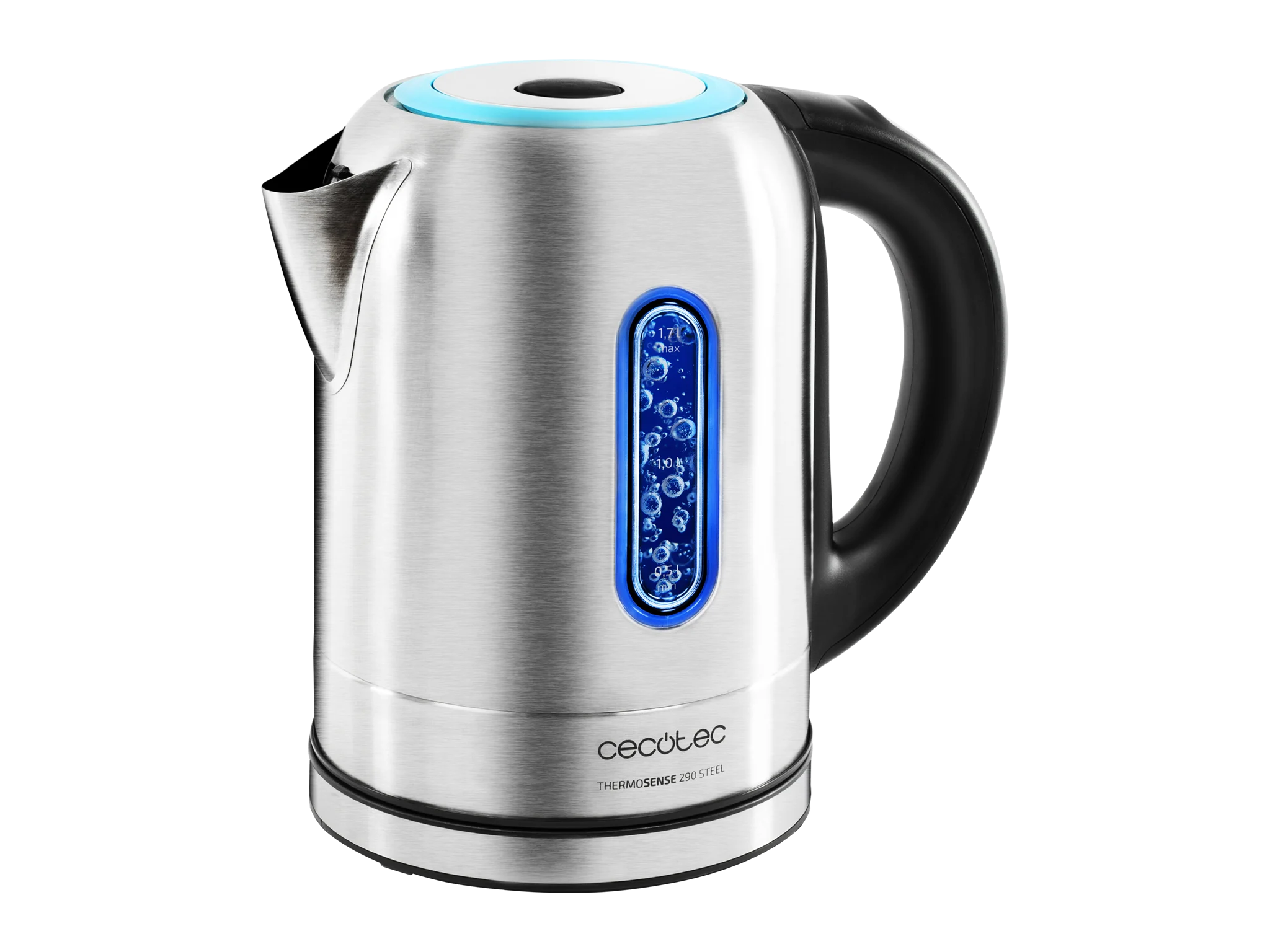 ThermoSense 290 Steel Elektrischer Wasserkocher 1,7 Liter, BPA-frei, 2200 W Leistung, 360º Basis, herausnehmbarer Anti-Kalk-Filter, doppeltes Sicherheitssystem, Edelstahl.