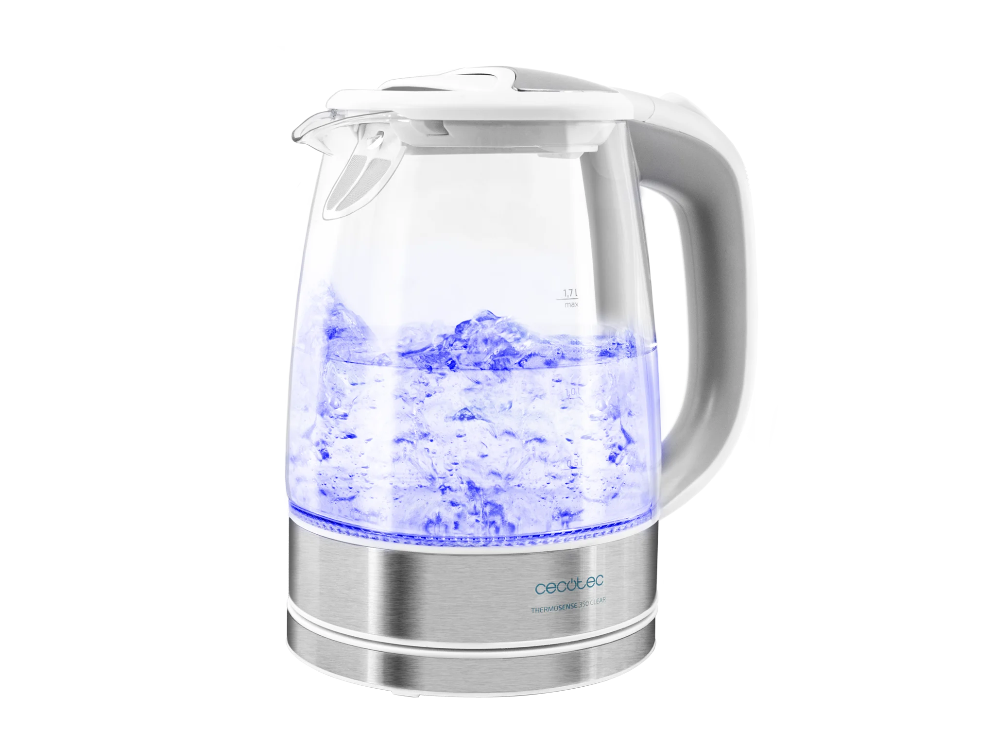 ThermoSense 350 Clear Elektrischer Wasserkocher 1,7 Liter, BPA-frei, 2200 W Leistung, 360º Basis, Anti-Kalk-Filter, doppeltes Sicherheitssystem, Borosilikatglas.