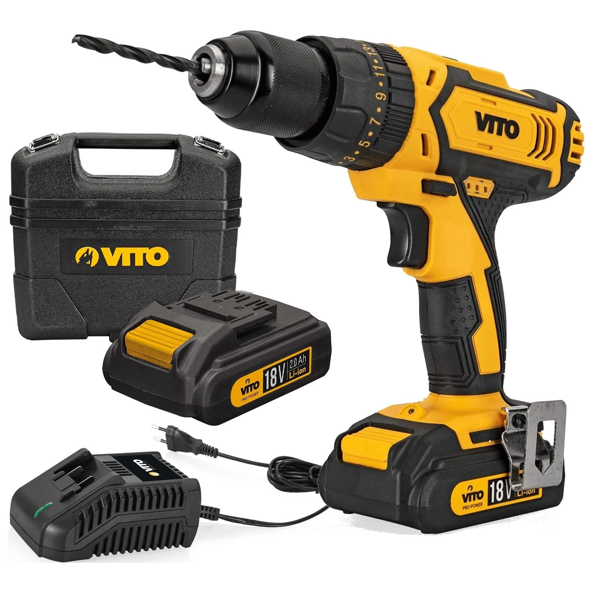 VITO Akku- Schlagbohrschrauber 18V inkl. 2Ah Akkus, Ladegerät, Koffer
