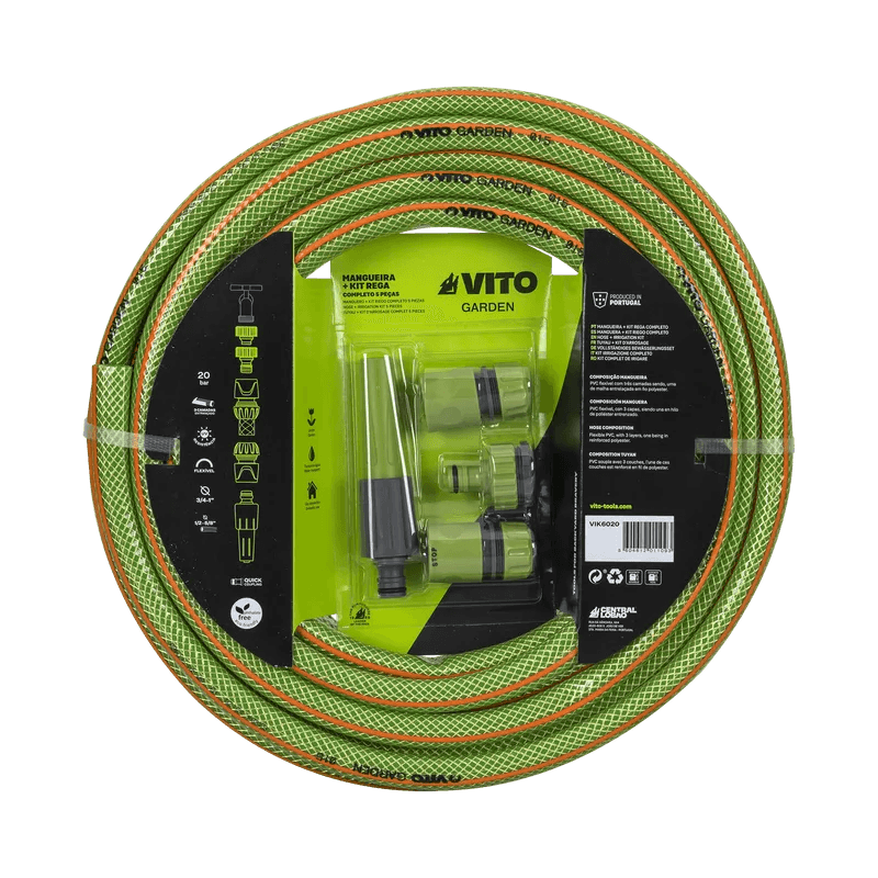 VITO Garden Gartenschlauch Kit 15 mm (5/8 Zoll) 20 m | 20 bar | inkl. Wasserspritze, Schlauchverbindern und Hahnanschlussstück